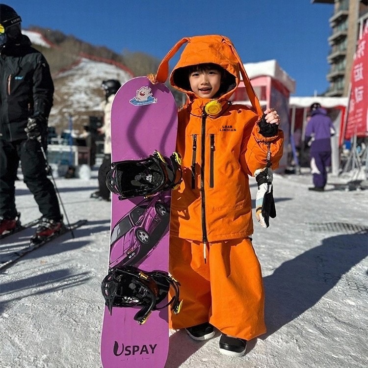 LDAB Orange Children's Ski Suit Set for Girls 2026 Autumn/Winter New Windproof Waterproof Snowwear Gear for Boys