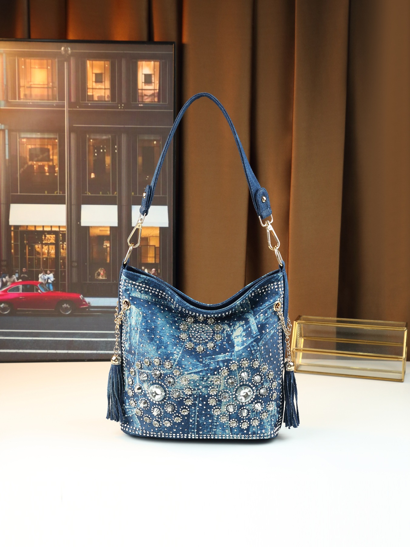 Borsa a spalla da donna in jeans con strass borsa a tracolla_voghion.com