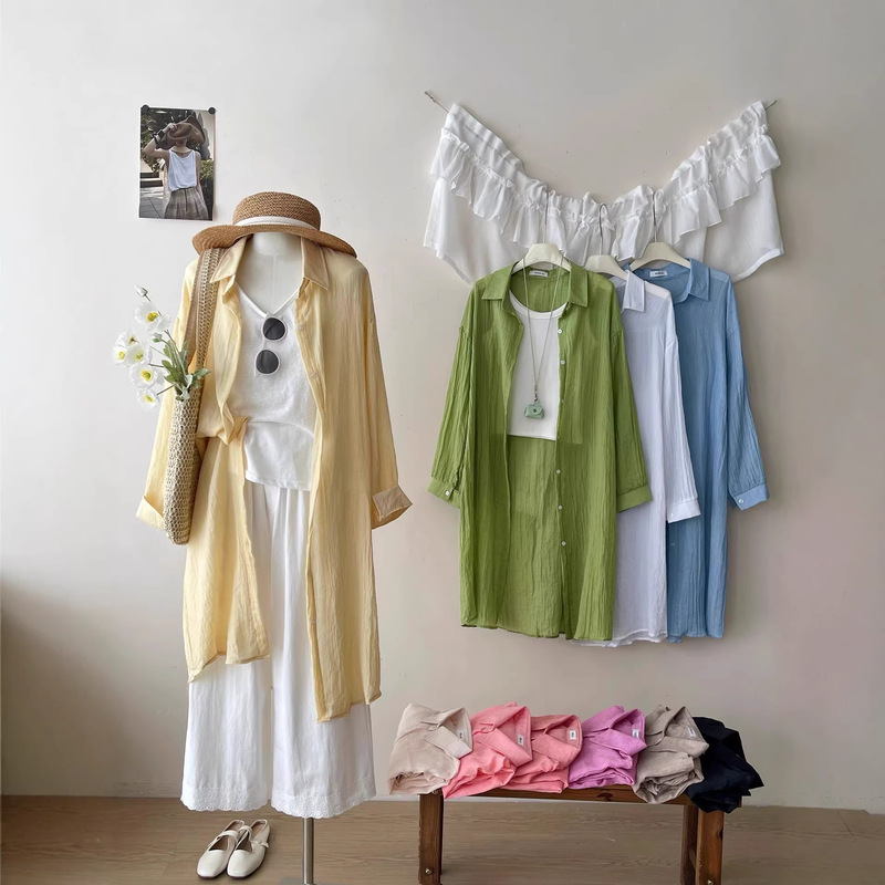 Japanese and Korean Style Lazy Ice Silk Linen Cotton Mid-Length Shirt for Women, Spring and Summer Relaxed Vacation Style Sun Protection Jacket Versatile Top