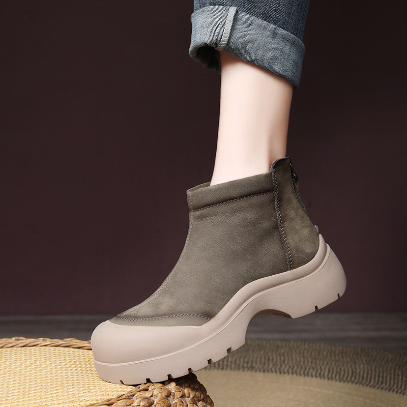 2024秋冬新款头层牛巴厚底圆头防撞后拉链踝靴短筒马丁靴女