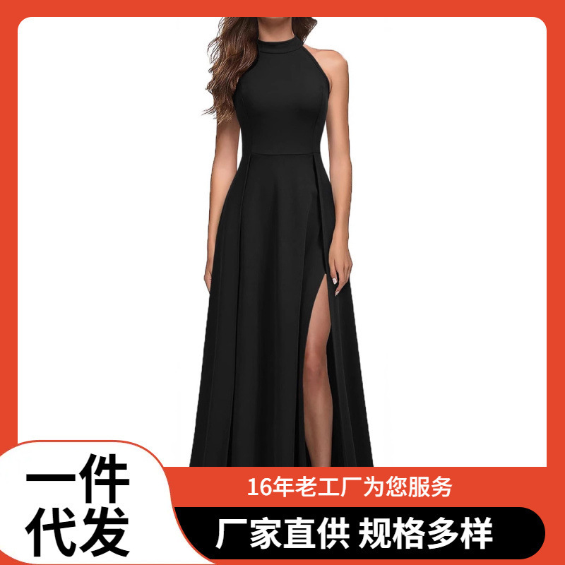 Foreign Trade European and American Halter Sexy Slit Cocktail Party Dress Formal Dress Burgundy Simple Plus Size Dress for Women
