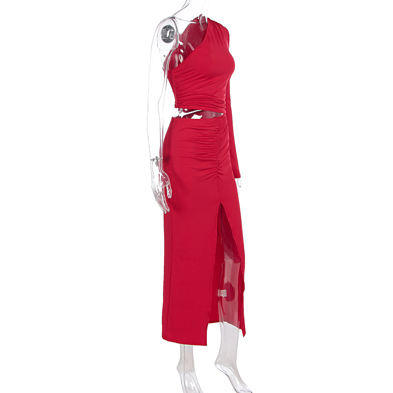 Women Clothing Autumn Winter Sexy Solid Color Split Slim Fit Diagonal Collar Floor Dress Women