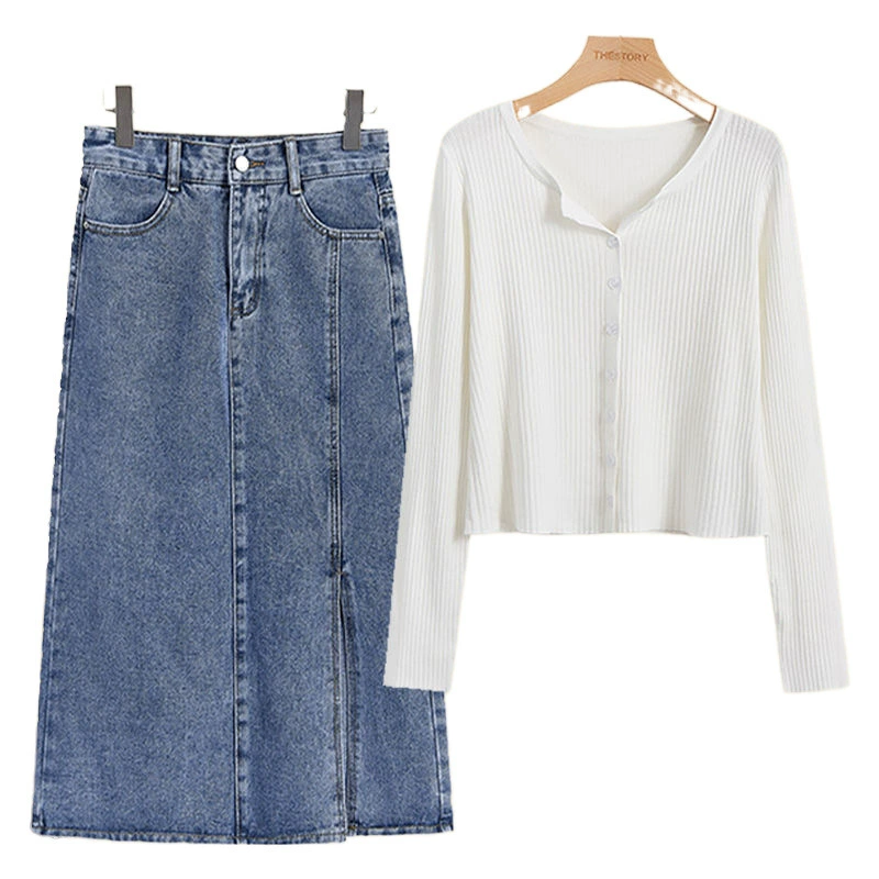 Spring set, denim skirt, plus size, western style