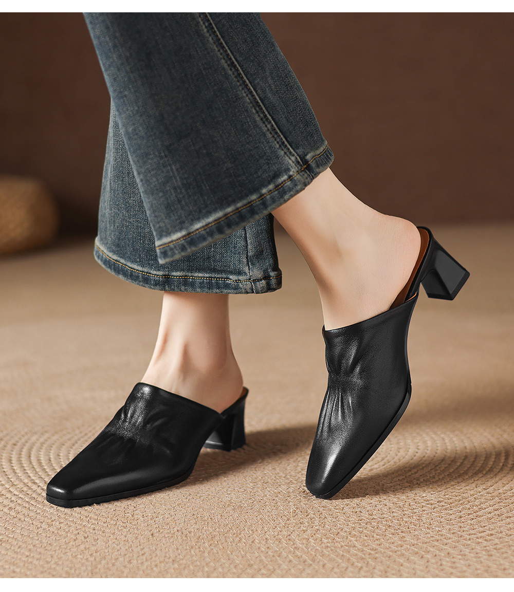 Sandal nữ bít mũi hở gót cao gót thô 5 cm, da bò mùa xuân hè — đen chi tiết 8
