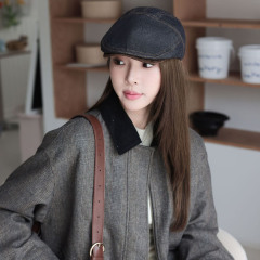 美式复古牛仔拼接麂皮绒前进帽女秋季显脸小鸭舌帽百搭时尚画家帽