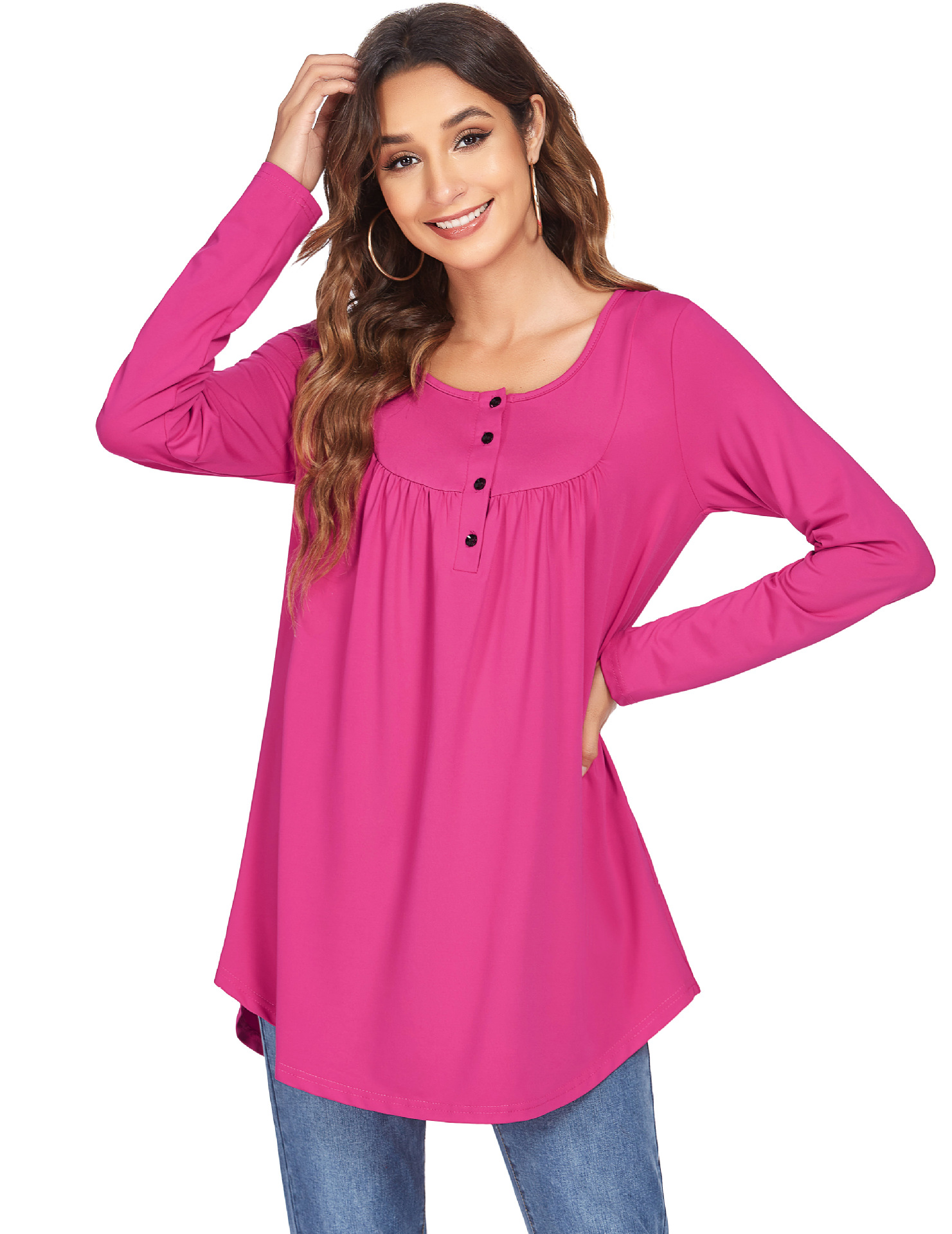 2021夏季新款独立站亚马逊爆款外贸女装四纽扣褶皱长袖T恤上衣