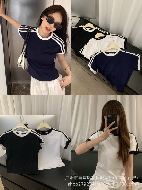 ハイバージョン~スリーストライプス25夏新作ラウンドネックコントラストカラースリムフィット刺繍レター半袖Tシャツトップス女性用|undefined