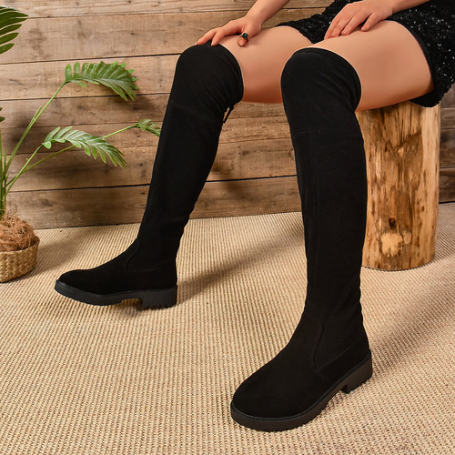 European and American large size suede low-heel over-the-knee boots for women's new style rear lacing thick heel thin high-boots