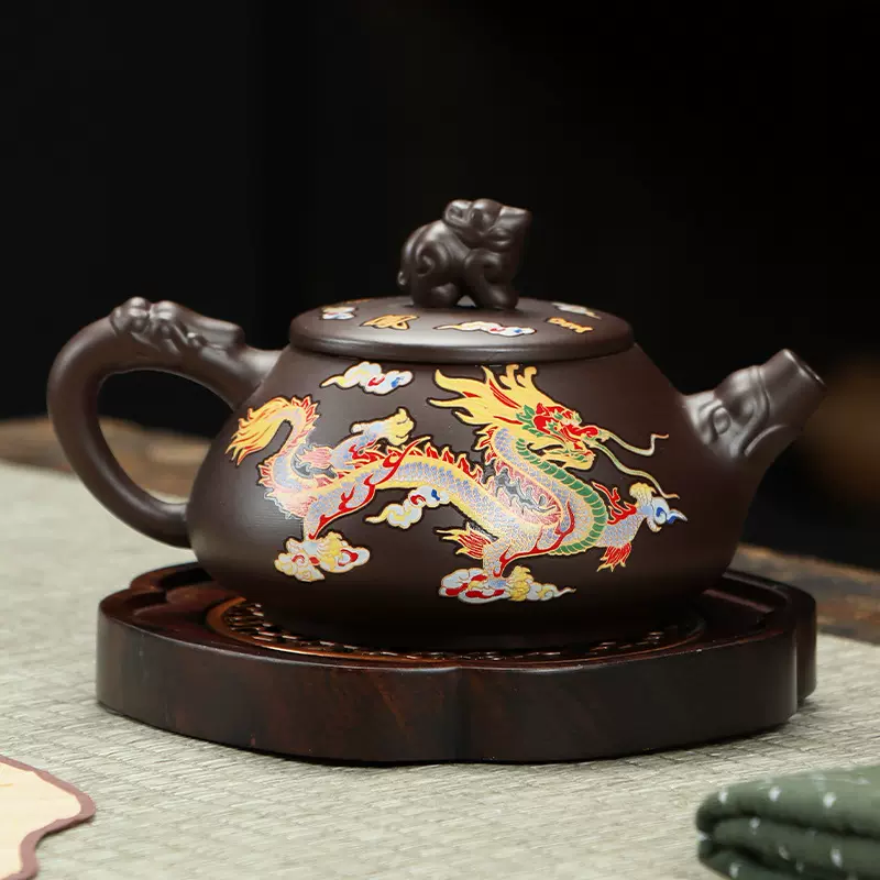 直播代发紫砂遇热变色紫砂凤鸣壶龙凤呈祥半手工茶壶泡茶壶石瓢壶