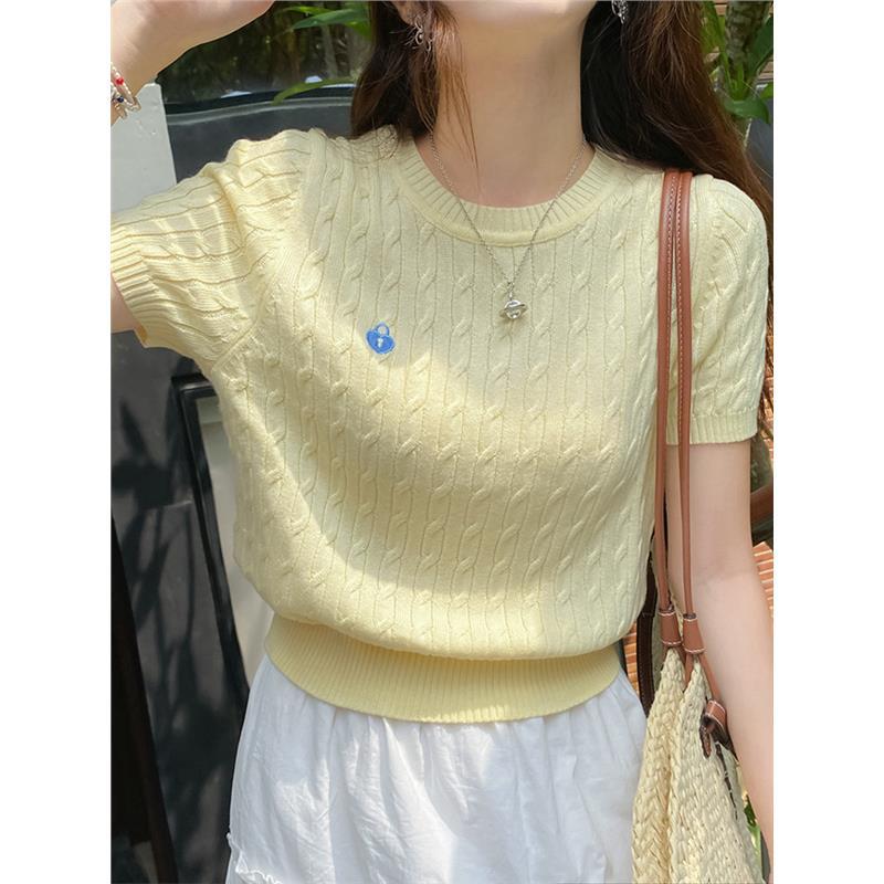 奶油糖果色爱心锁刺绣短袖麻花针织衫女春夏洋气减龄休闲小衫上衣