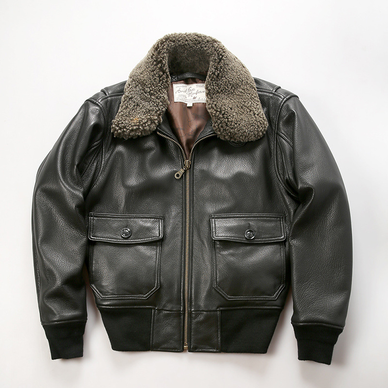 Men’s Genuine Goatskin G1 Bomber Jacket – Detachable Wool Collar, Vintage Flight Style (S-2XL)_voghion.com