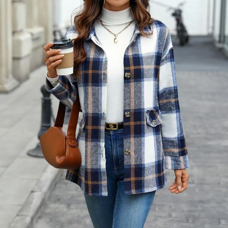 Cross-Border Export European and American Clothing Jacket 2025 Autumn and Winter Red Plaid Thickeneded Cardigan Amazon Outer Top