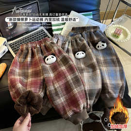 新款男女童宝宝加绒裤子儿童运动裤秋冬季加厚休闲裤格子外穿长裤