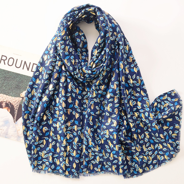 Otoño e invierno Nuevo Dorado hojas algodón y lino sensación bufanda de seda suave satén algodón moda chal viajes protección solar bufanda caliente