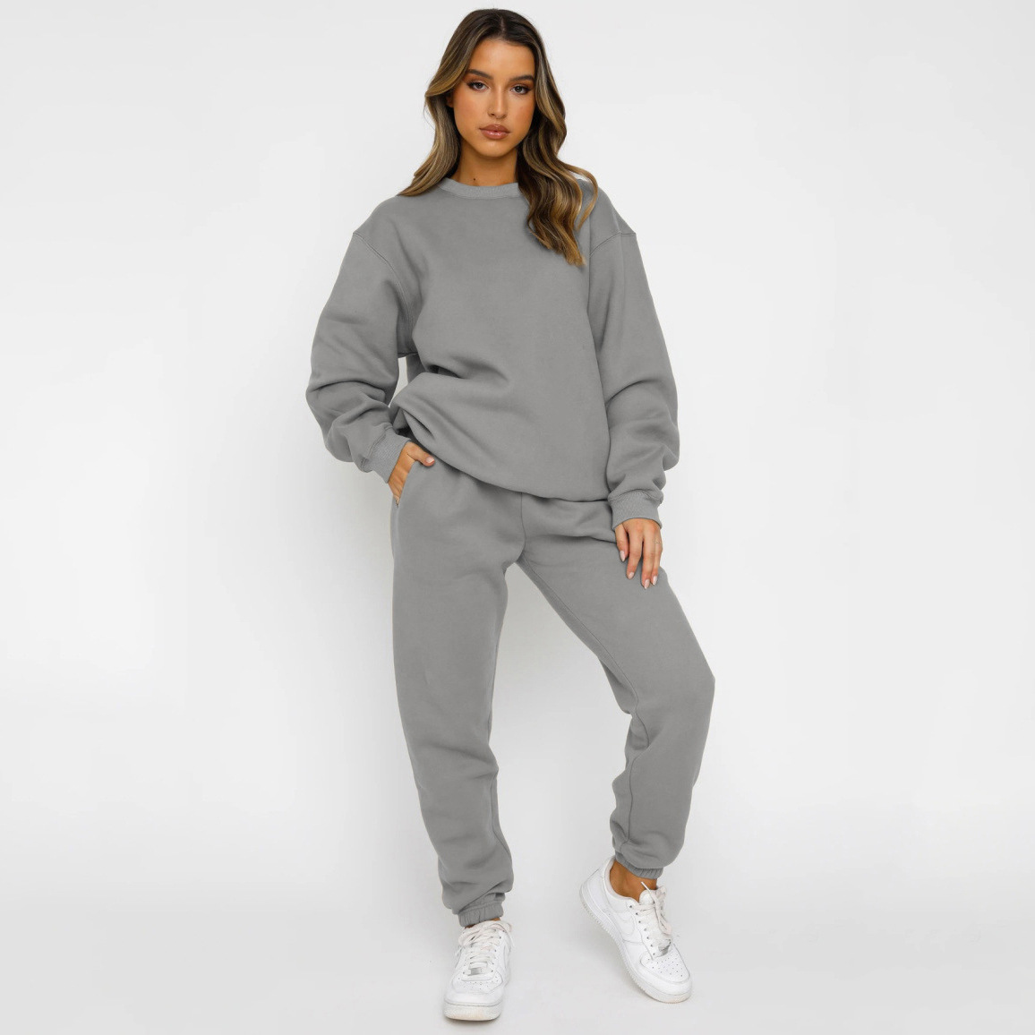 840g Weight Long Sleeve Sleeve Length Polyester Fabric Type Sweatshirt & Hoodie Co-ord Set Sets Type 2 Pieces Set Quantity Casual Occasion Round Neck Neckline Loose Fit Type Solid Color Pattern Winter, Autumn Season Women's Gender Streetwear Style Casual Women's Streetwear Solid Color Polyester Sweatshirt & Hoodie Co-ord Set Pants Sets 3