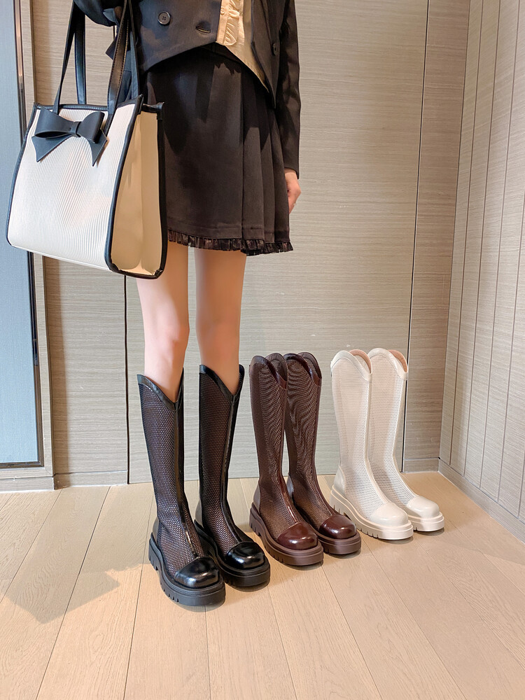 Boot nữ da lưới thoáng khí mùa hè, đế dày rỗng, ống rộng cho chân to — Màu nâu ống lớn, Màu đen cổ ống lớn, Ống nhỏ màu đen, Ống nhỏ màu be chi tiết 1