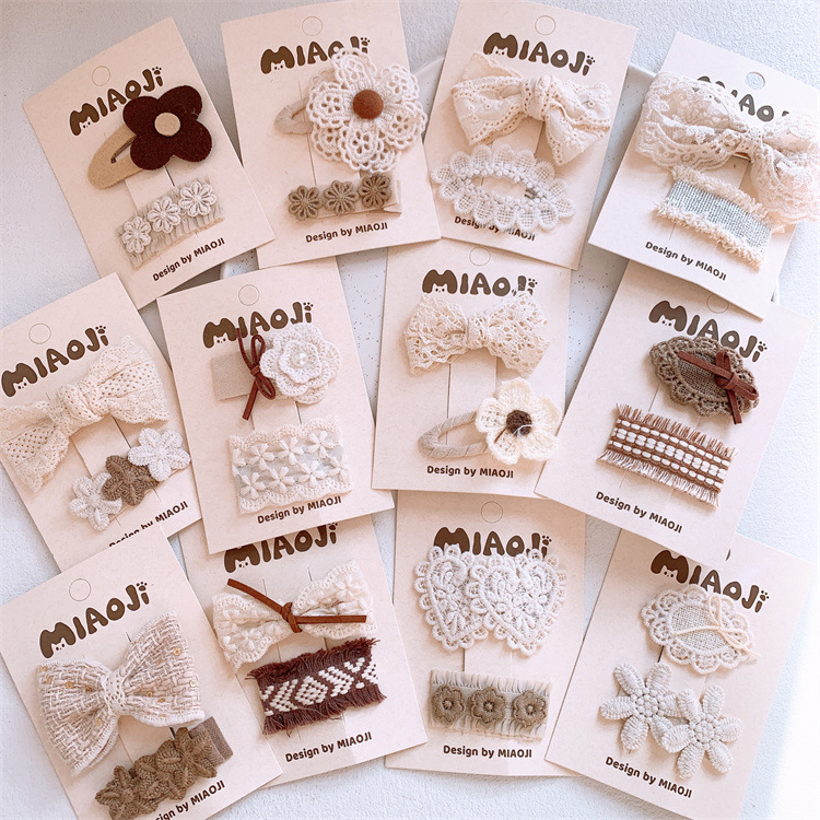 兒童髮飾奶白系棉麻復古蕾絲蝴蝶結愛心花朵劉海夾女寶寶森系bb夾