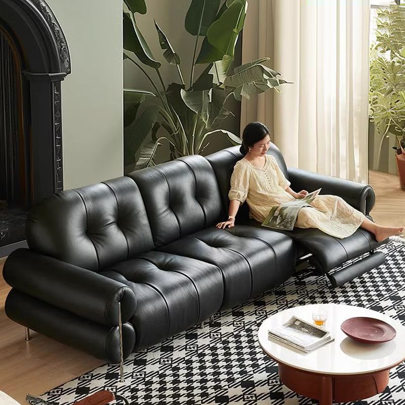French Brown Sugar Electric Function Cloud Audio and Video Sofa Black Retro Zero Wall Warping Cowhide Sofa
