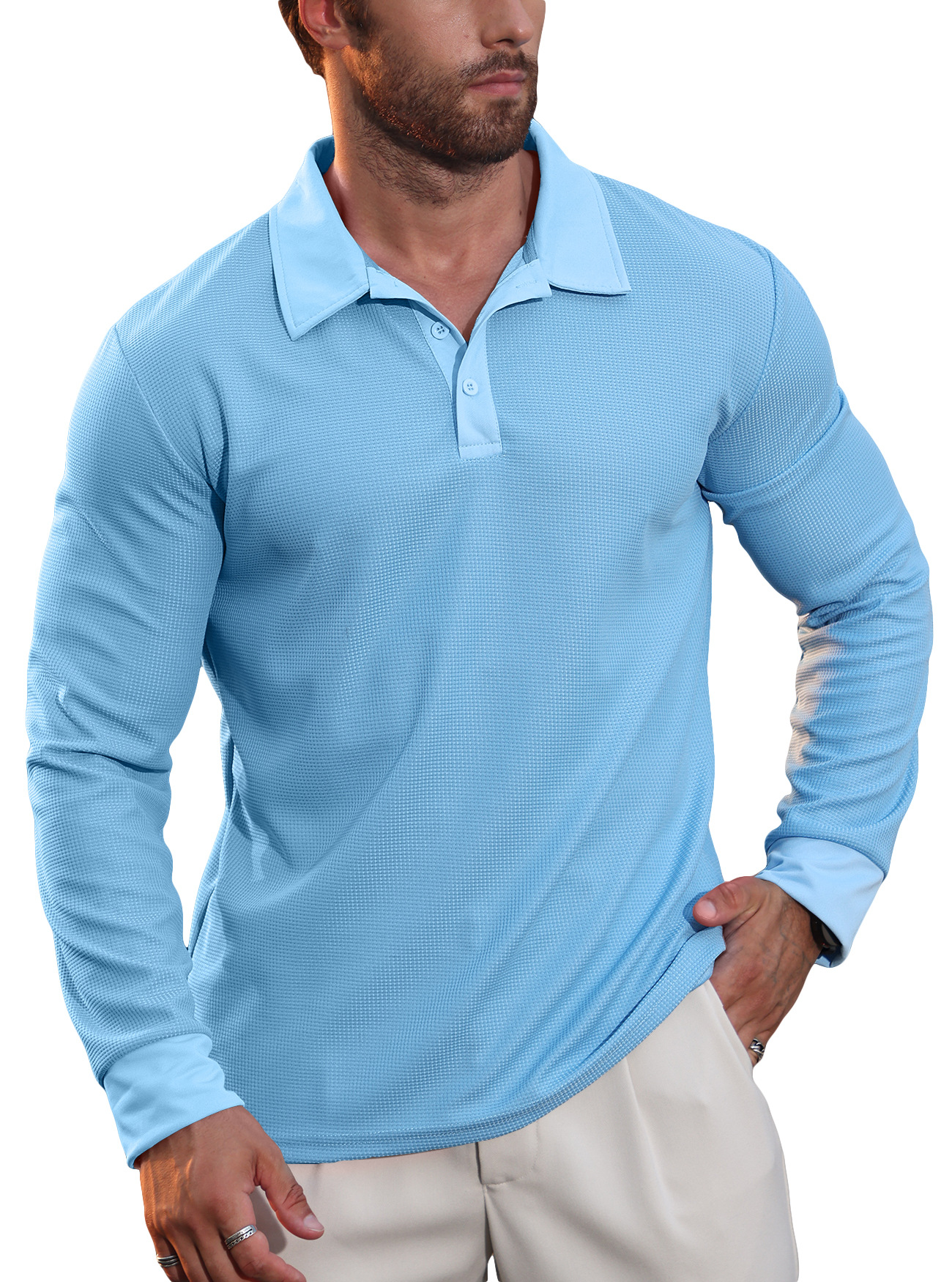 Nuevo otoño transfronterizo europeo y americano nuevo hombre waffle polo camiseta de manga larga de vacaciones casuales americanas
