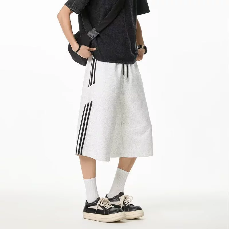 Летние свободные повседневные прямые брюки в американском стиле, модные полосатые лоскутные спортивные повседневные укороченные брюки для подростков