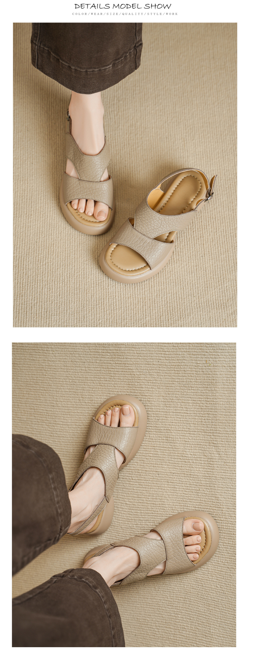 Sandal nữ hở mũi gót vuông đế dày quai ngang — Xám voi chi tiết 9