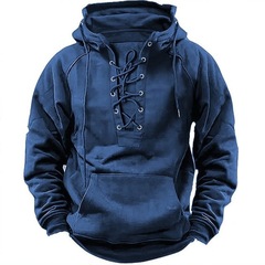 989 # 純色国境を越えた大きなサイズの男性屋外レトロなストラップと帽子付き長袖tシャツ秋のカジュアル上着スポット