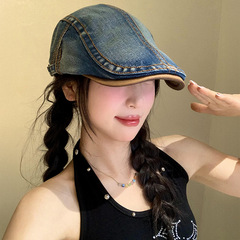 日系复古水洗牛仔前进帽女文艺百搭反戴报童帽休闲显脸小贝雷帽子