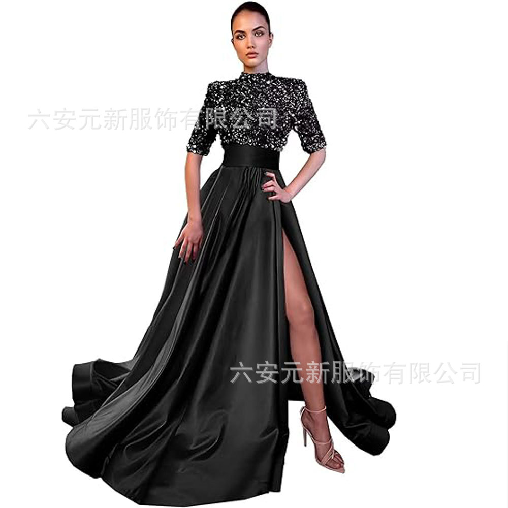 Europeo y americano Amazon AliExpress vestido de fiesta media manga lentejuelas satén vestido de noche A-line vestido de fiesta de hendidura image 10
