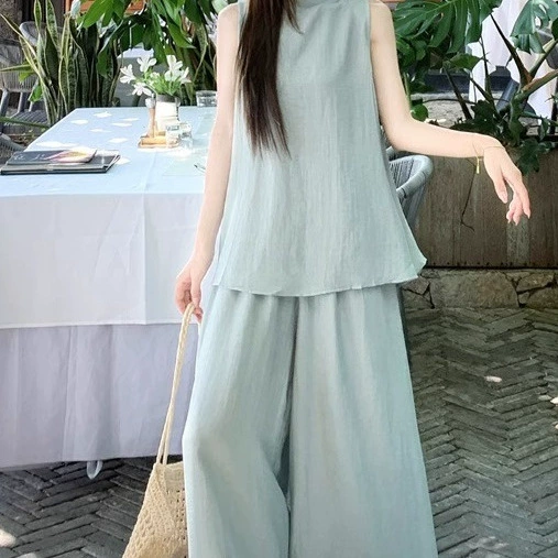 老钱风阔腿裤两件套极简运动套装女夏季减龄宽松亚麻无袖上衣时尚
