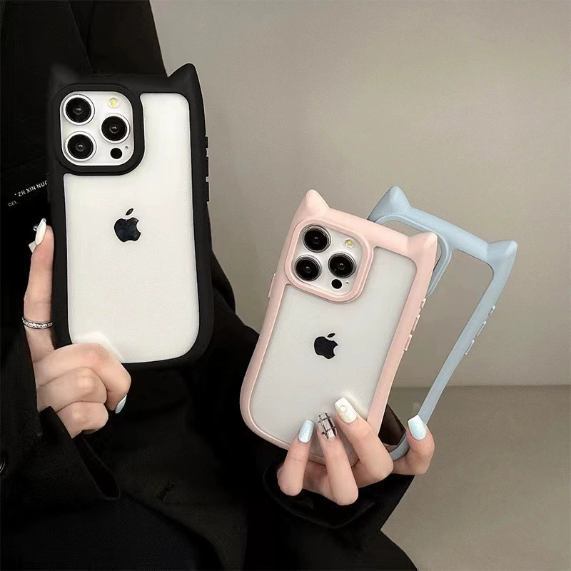 Чехол для телефона Apple iPhone 16/17 серии, защитный бампер с 3D ушками кота, ударопрочный