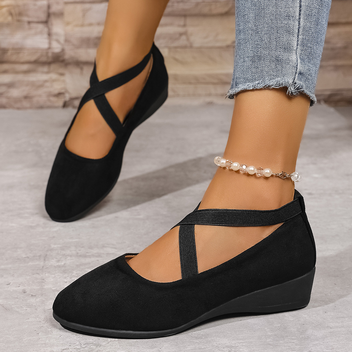 Chaussures d'automne pour femmes en daim, à talon compensé et bride élastique croisée, grandes tailles, style décontracté, bout ouvert et semelle épaisse_voghion.com