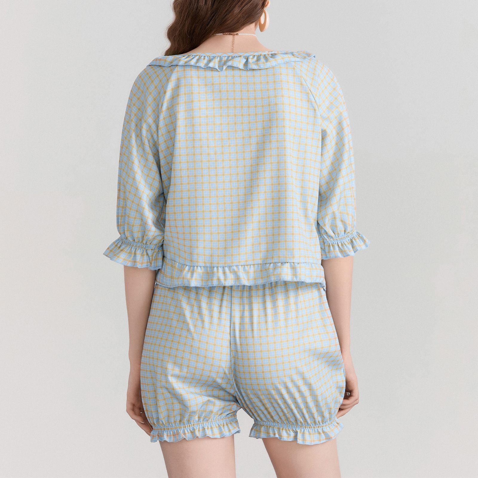 2024 Spring/Summer European And American New Women's Fashion Ruffle Trim Plaid Casual Shorts Set For Elegant Commuting_ecoleips.com