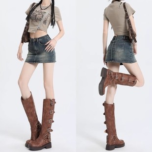 American Style Retro Denim Skirt Women's Trendy All-match New Spring High Waist A- line Slimming Hot Girl's Hip Skirt