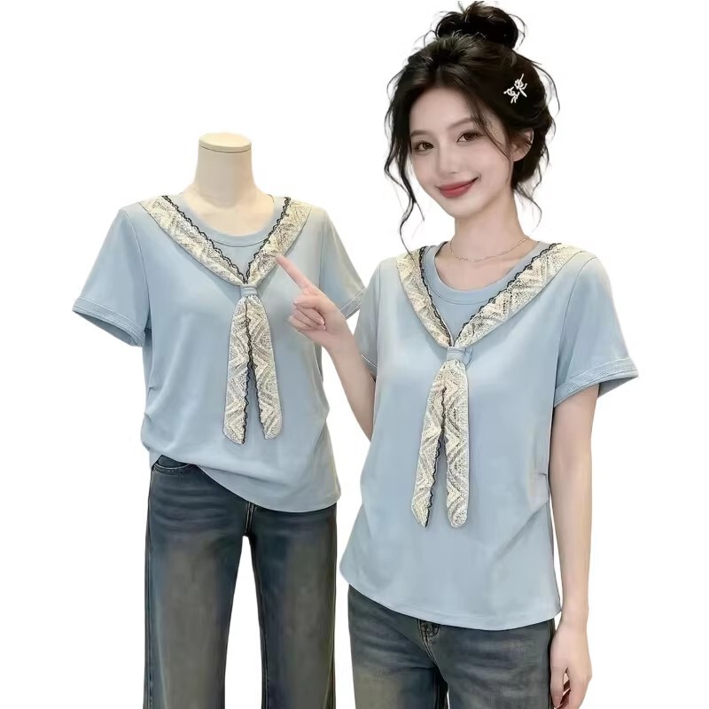 Plus-Size Lace Shawl T-Shirt for Women, Summer New Fashion Comfortable Top, 92% Cotton Regular Shoulder T-Shirt Trendy