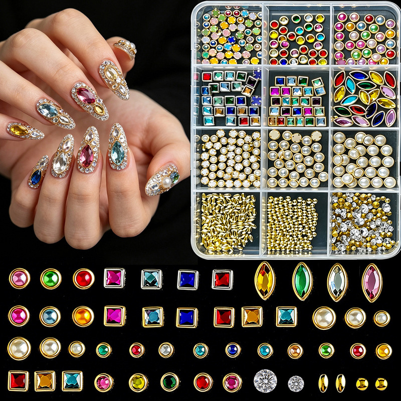 Cross-border best-selling nail art 12-grid alloy nail accessories with rhinestones, colorful rhinestone nail decorations DIY kit Cross-border best-selling nail art 12-grid alloy nail accessories with rhinestones, colorful rhinestone nail decorations DIY kit