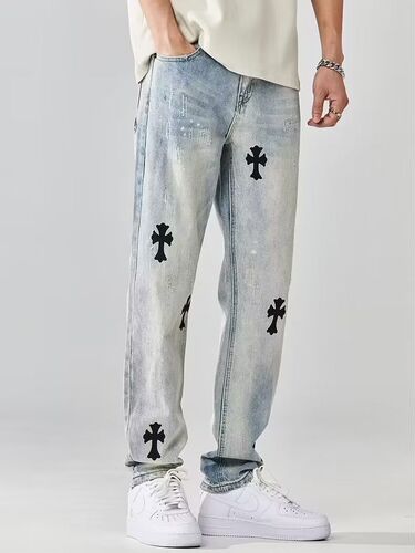 Summer thin denim jeans for men, light blue cross straight leg loose streetwear casual high-street punk cool pants