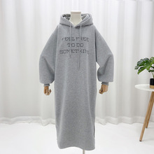 2024秋冬加绒卫衣女连帽宽松开叉包臀过膝中长款连衣裙上衣外套潮