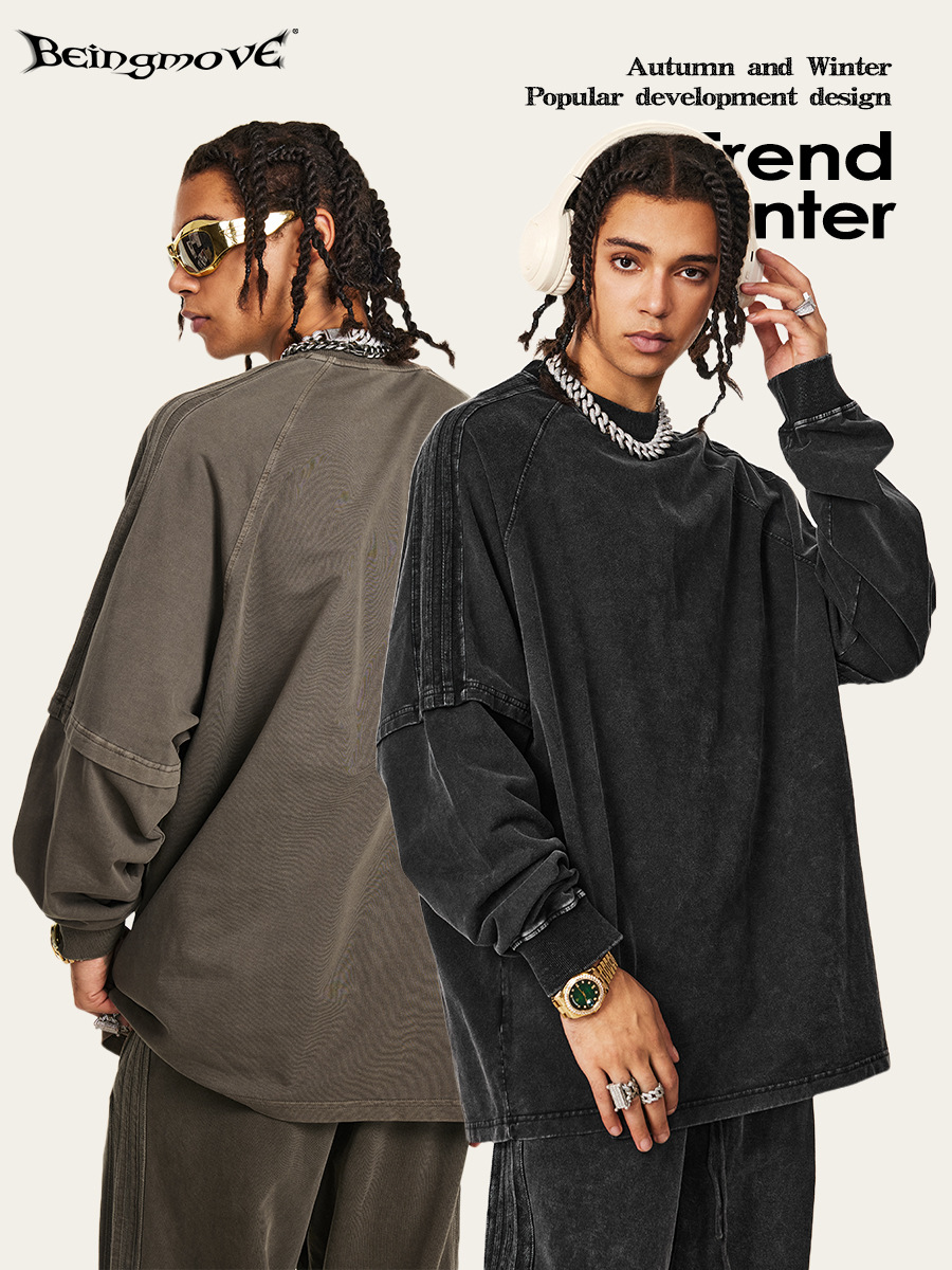 Impresora de marcas| 2025 otoño suelto falso de dos piezas de tela de algodón estriado retro americano lavado camiseta de manga larga