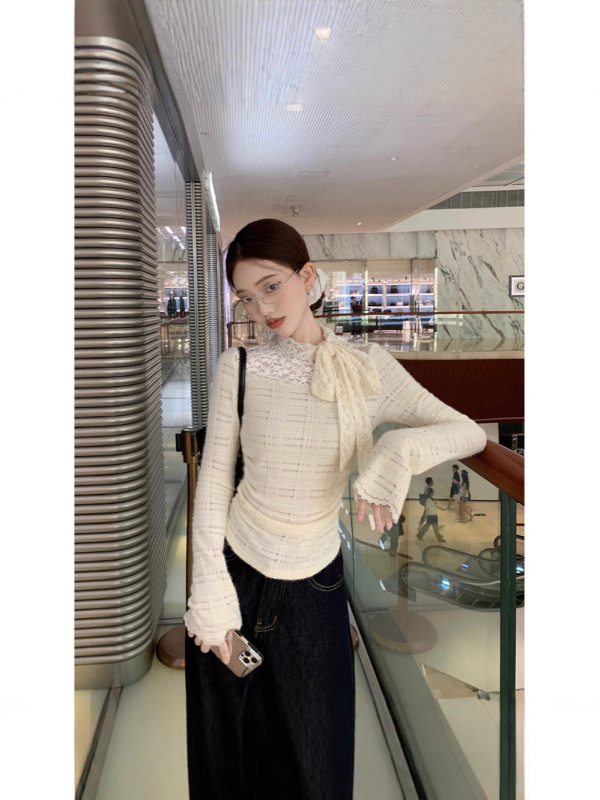 早秋时尚chic设计感甜辣妹内搭长袖个性蕾丝蝴蝶结修身显瘦上衣女|undefined
