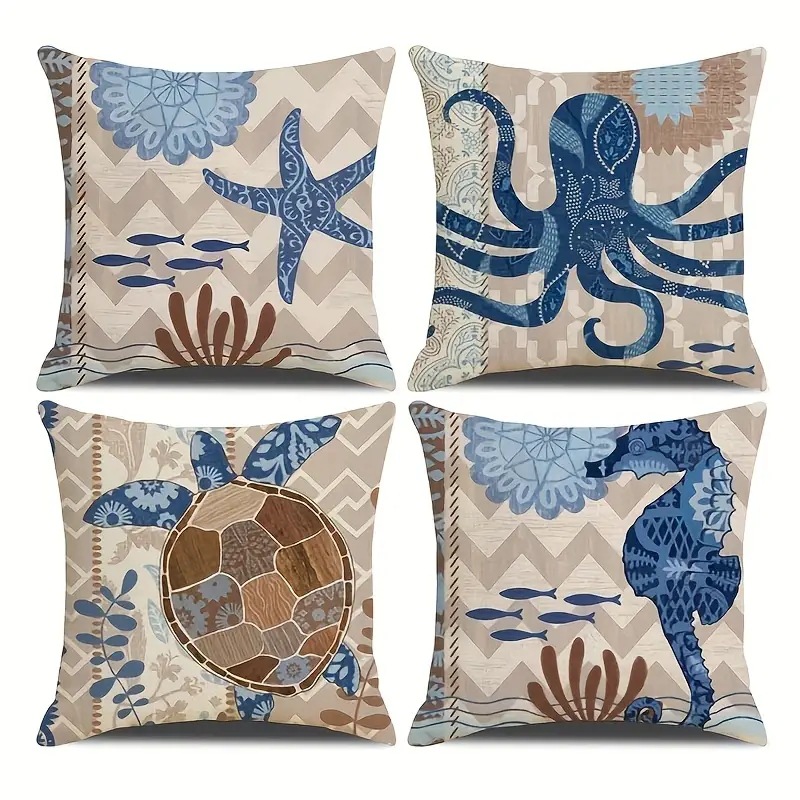 2024 Estilo explosivo transfronterizo Animales marinos Mundo submarino Patrón Funda de almohada Bandera de mesa de sala de estar con estampado de lino de Amazon image 3