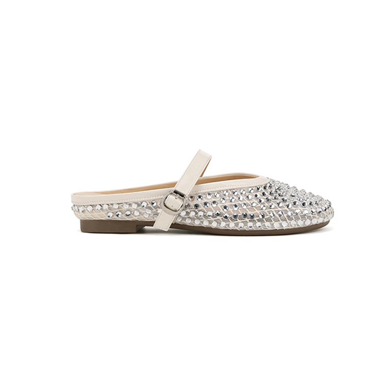 Hilo de malla streamer ~ Pantuflas de vacaciones Baotou con hebilla transpirable de malla de diamantes de imitación