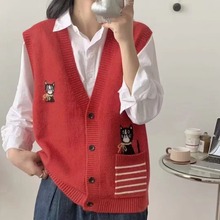 休闲马甲女2024新款清新刺绣猫咪勾花宽松V领百搭开衫上衣女秋冬