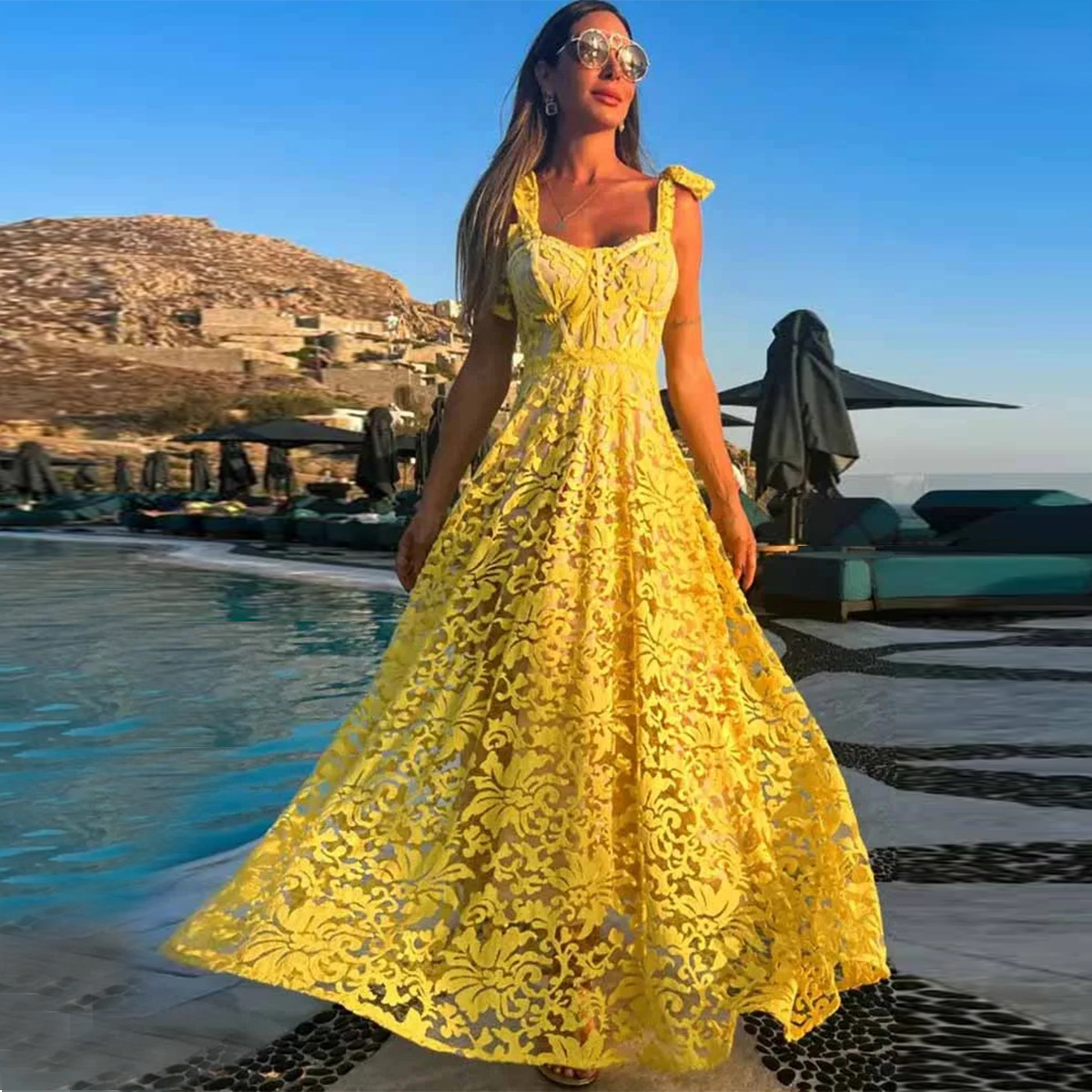 Femmes Robe Trapèze Vacances Col En U Sangle Sans Manches Couleur Unie Maxi Longue Robe Vacances Plage display picture 1