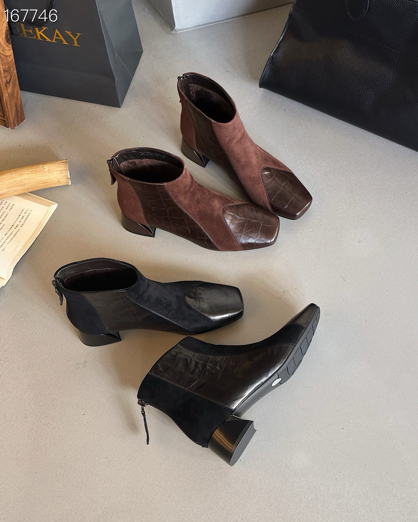 Boot Martin nữ da bò phối da lộn gót thô 4 cm — Màu đen chi tiết 2