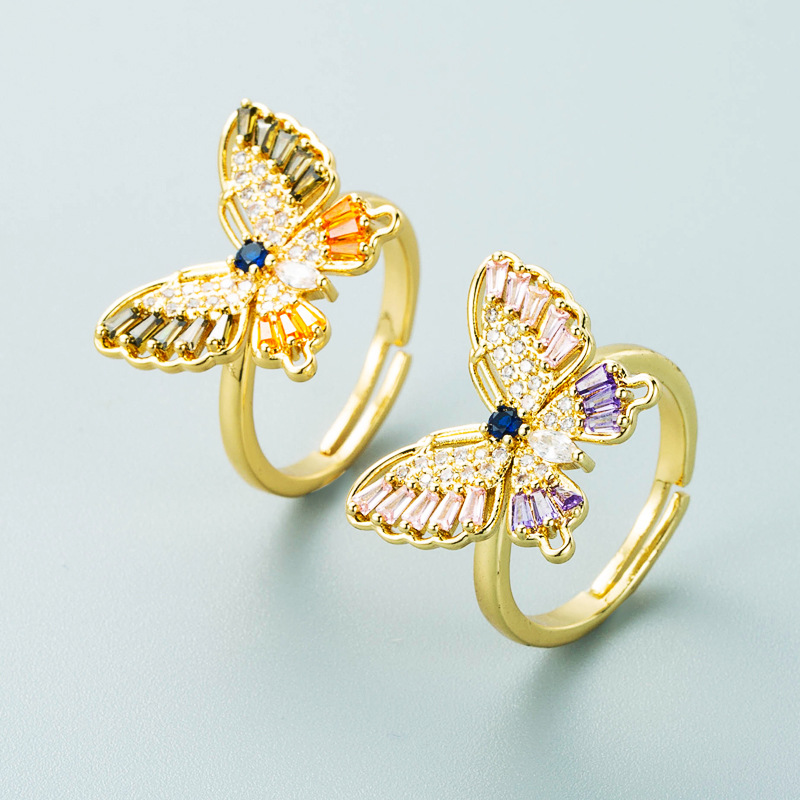 Fashion Gold-plated Copper Inlaid Zircon Butterfly Ring Wholesale Nihaojewelry display picture 2