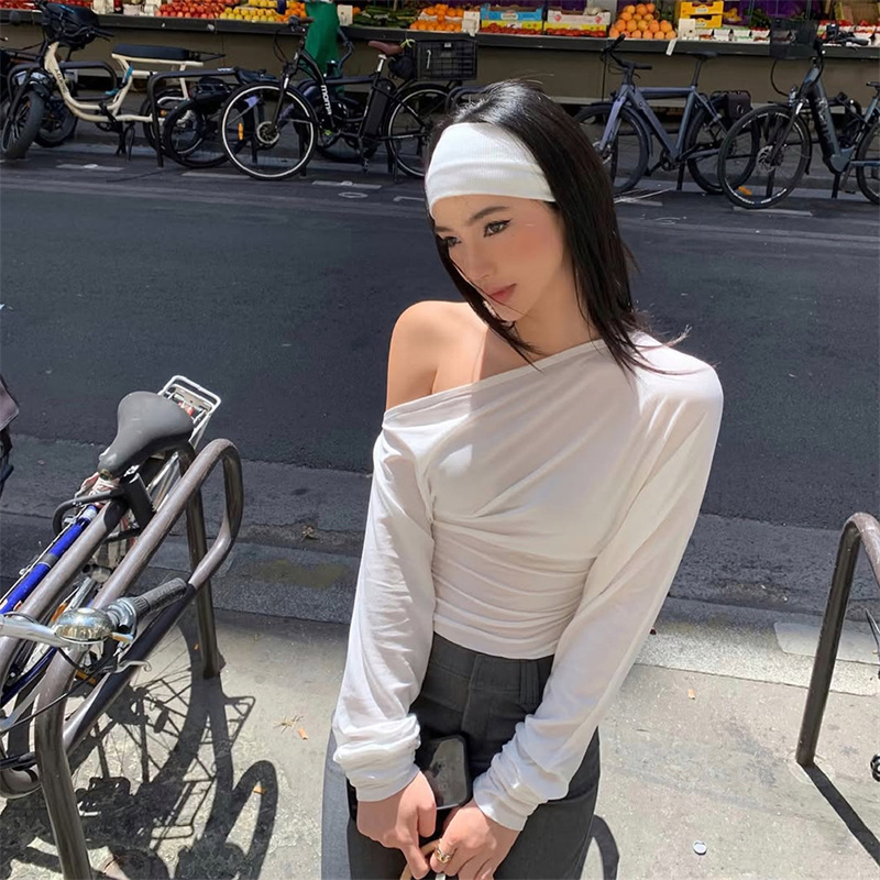 European and American Ins Style Women's Clothing 2025 Autum New Fashion Street Style Slant Collar Off-Shoulder Long-Sleeved Waist Slimming Look T-Shirt Top