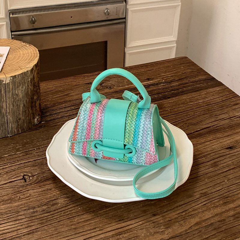Women's Patchwork Small Square Handbag With Lock Clasp Fashionable_voghion.com