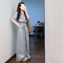 慵懒风穿搭休闲运动服套装女夏季露肩收腰短袖上衣阔腿长裤两件套