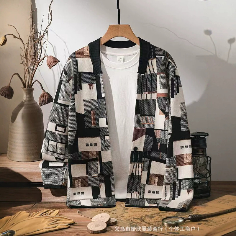 New Korean-style men's solid color round-neck knitted sweater, loose casual layered cardigan jacket for spring and autumn