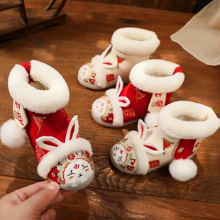 Hanfu shoes girls winter New velvet padded cotton boots Chinese style children's embroidered cloth shoes money rabbit New Year shoes